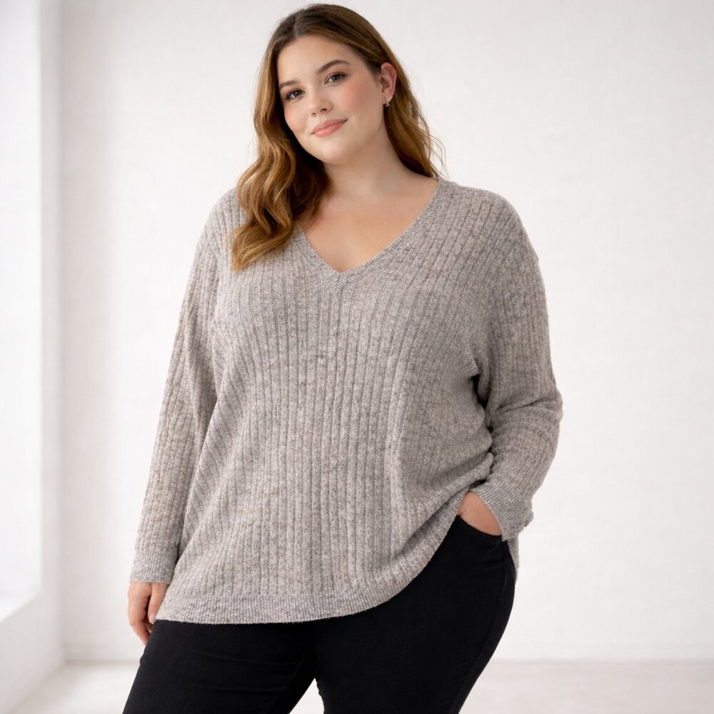 Croft & Barrow Ribbed V-Neck Sweater Women’s 2X Neutral Gray Long Sleeve